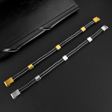 Bratara dubla inox si piele impletita [8]