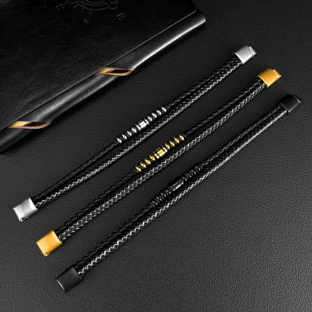 Bratara dubla inox si piele impletita [7]