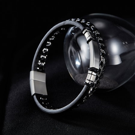 Bratara dubla inox si piele impletita [7]