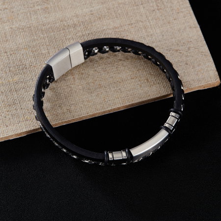 Bratara dubla inox si piele impletita [5]