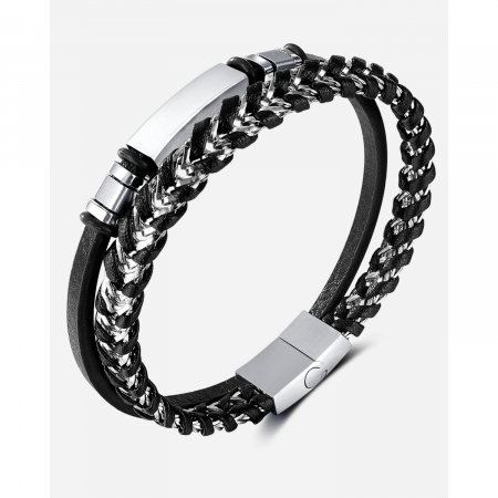 Bratara dubla inox si piele impletita [14]