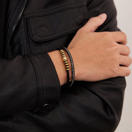 Bratara dubla inox si piele impletita [3]