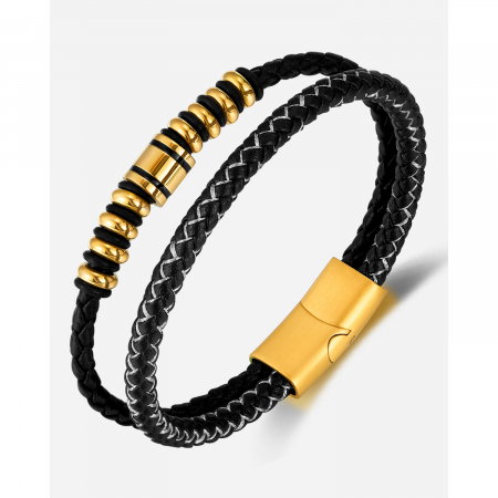 Bratara dubla inox si piele impletita [9]