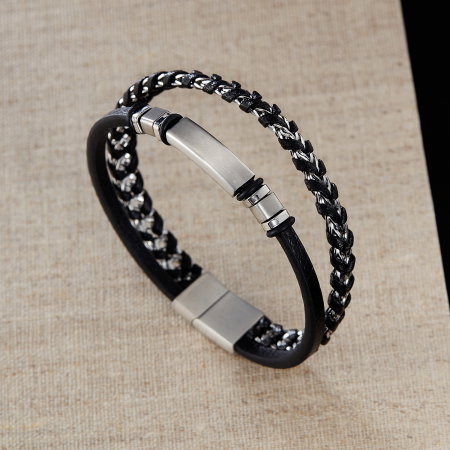 Bratara dubla inox si piele impletita [8]