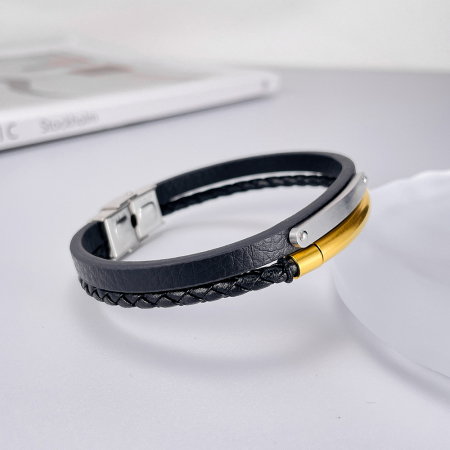 Bratara dubla inox si piele impletita [12]