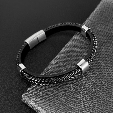 Bratara dubla inox si piele impletita [4]