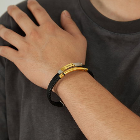 Bratara dubla inox si piele impletita cu ancora [9]