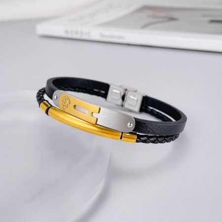 Bratara dubla inox si piele impletita cu ancora [13]