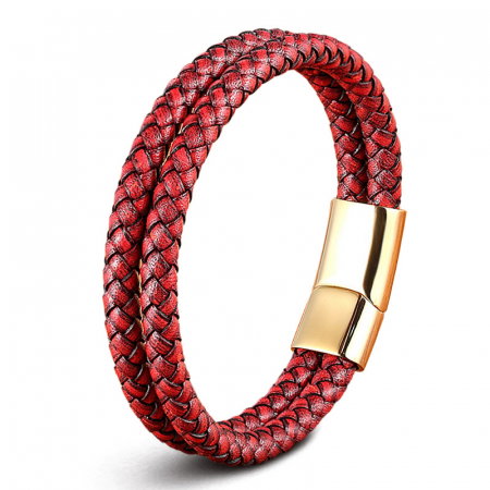 Bratara rosie dubla din piele naturala si inox