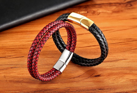 Bratara rosie dubla din piele naturala si inox [3]