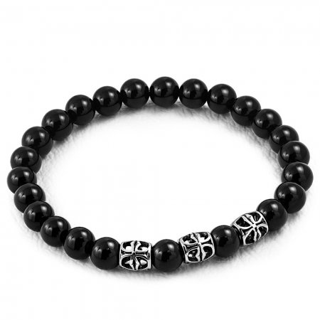 Bratara elastica cu agate negre si 3 charmuri din inox cu cruciulite [0]
