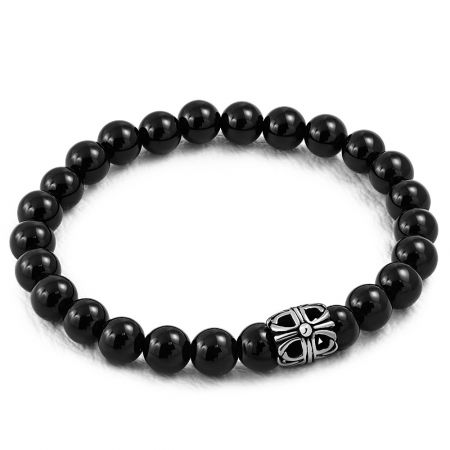 Bratara elastica cu agate negre si charm din inox