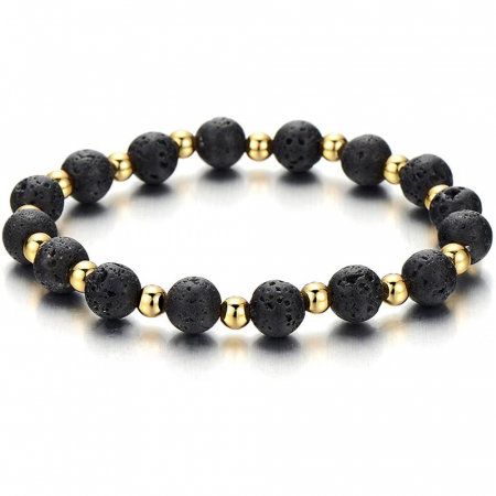 Bratara elastica cu lava vulcanica si margele aurii BLA102 [0]