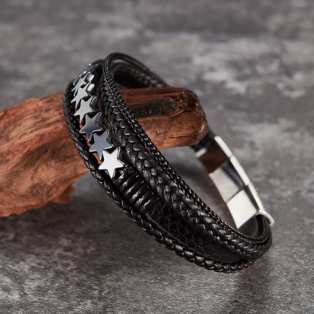 Bratara extensibila inox si piele impletita cu Stelute [13]