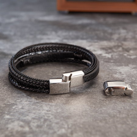 Bratara extensibila inox si piele impletita cu Stelute [4]