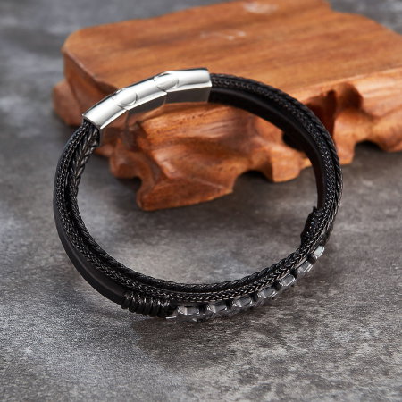 Bratara extensibila inox si piele impletita cu Stelute [2]