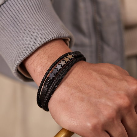 Bratara extensibila inox si piele impletita cu Stelute [6]