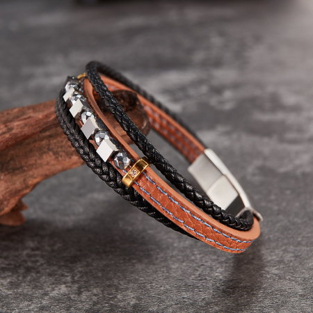 Bratara extensibila tripla inox si piele impletita Cuburi si Sfere [12]