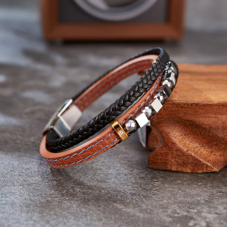 Bratara extensibila tripla inox si piele impletita Cuburi si Sfere [9]