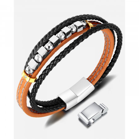 Bratara extensibila tripla inox si piele impletita Cuburi si Sfere [14]