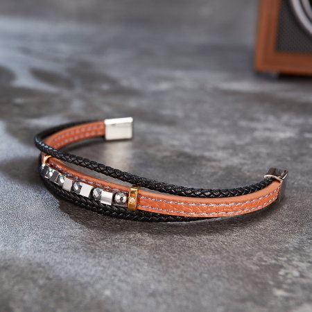 Bratara extensibila tripla inox si piele impletita Cuburi si Sfere [6]