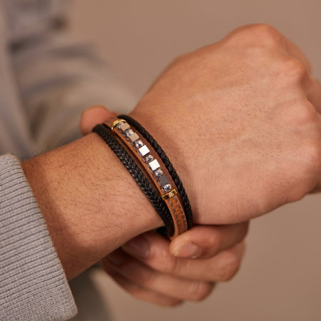 Bratara extensibila tripla inox si piele impletita Cuburi si Sfere [7]