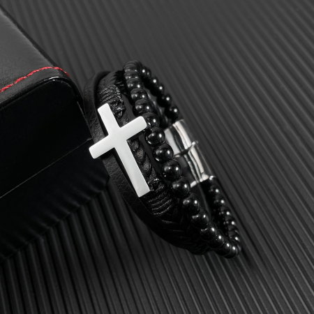 Bratara Faith tripla din inox, piele naturala si bazalt cu cruce argintie [2]