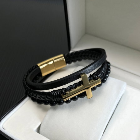 Bratara Faith tripla din inox, piele si bazalt cu cruce aurie [4]