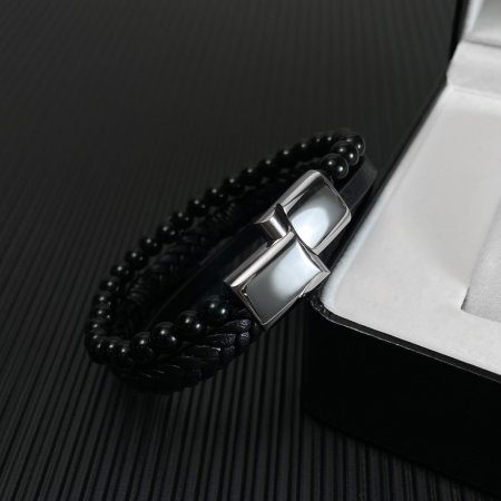 Bratara Faith tripla din inox, piele naturala si bazalt cu cruce argintie [3]