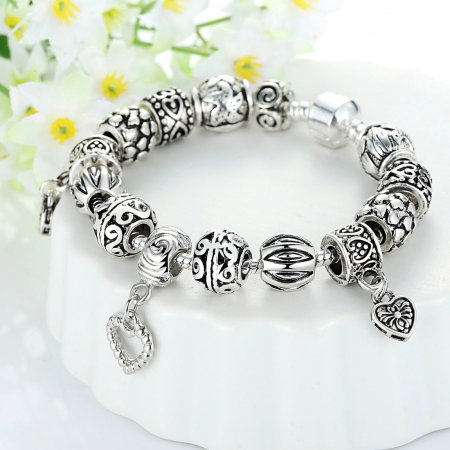 Bratara fantezie BeSpecial, BSTF0004, placata cu argint, cu talismane cu inimioare si flori [2]