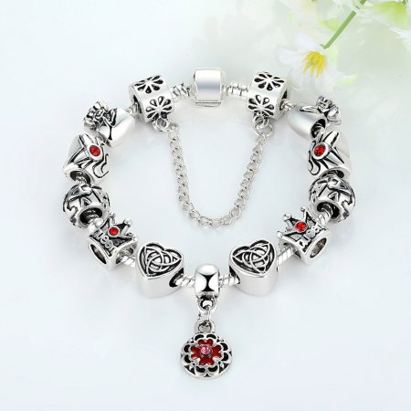 Bratara fantezie placata cu argint cu talismane inimioare si zirconii rosii BST0004 [3]