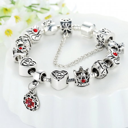 Bratara fantezie placata cu argint cu talismane inimioare si zirconii rosii BST0004 [1]