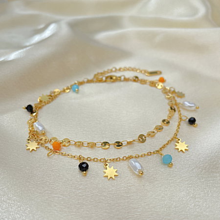 Bratara glezna inox auriu lant dublu cu margele si sori 21,5 + 6 cm [5]