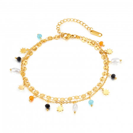 Bratara glezna inox auriu lant dublu cu margele si sori 21,5 + 6 cm