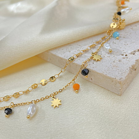 Bratara glezna inox auriu lant dublu cu margele si sori 21,5 + 6 cm [4]