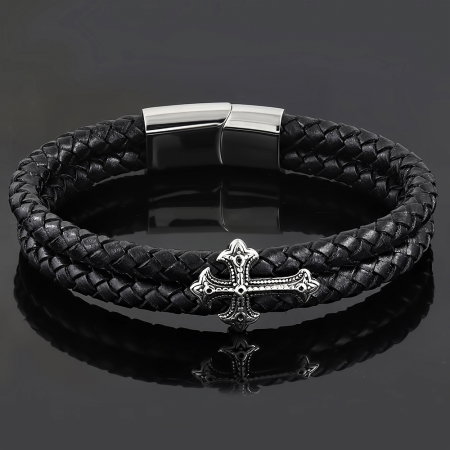 Bratara inox cu cruce si piele neagra impletita [1]