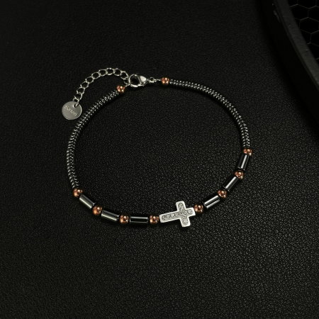 Bratara inox cu hematit, margele aurii si cruciulita [2]