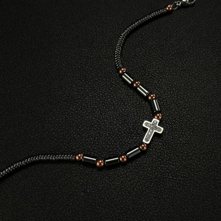 Bratara inox cu hematit, margele aurii si cruciulita [5]