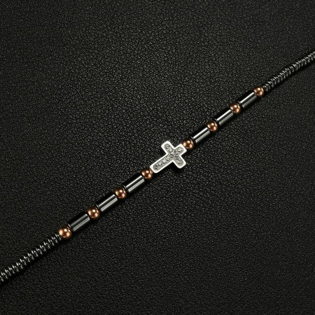 Bratara inox cu hematit, margele aurii si cruciulita [13]