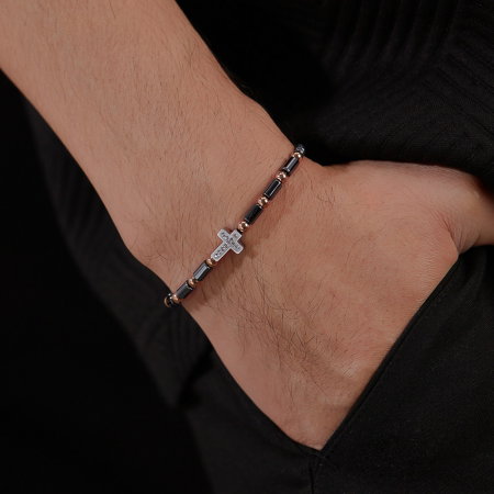 Bratara inox cu hematit, margele aurii si cruciulita [10]