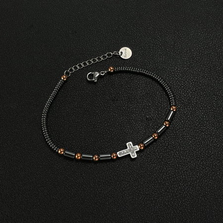 Bratara inox cu hematit, margele aurii si cruciulita [9]