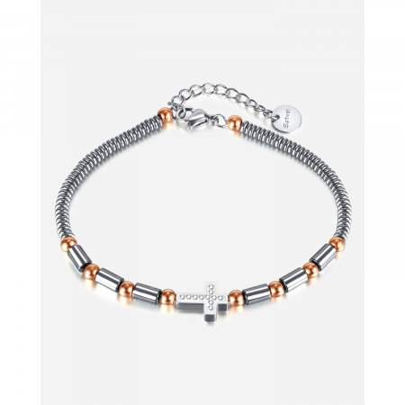 Bratara inox cu hematit, margele aurii si cruciulita [14]