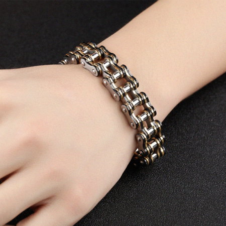 Bratara inox cu insertii aurii tip lant moto – Forta si rafinament masculin [4]