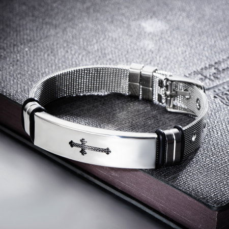 Bratara inox cu placuta argintie si cruce decupata [3]