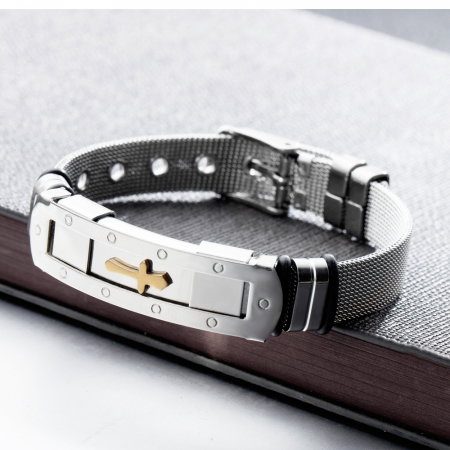 Bratara inox cu placuta argintie si cruce aurie [4]