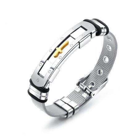 Bratara inox cu placuta argintie si cruce aurie