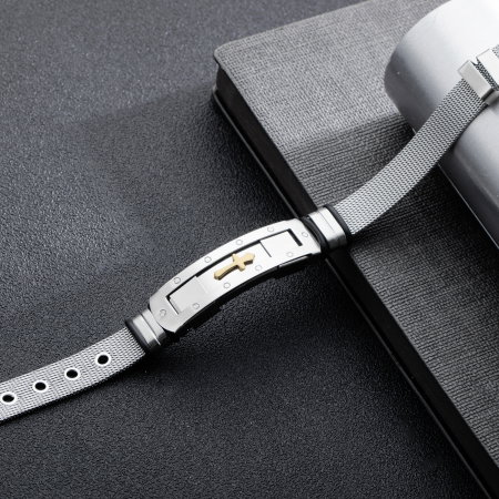 Bratara inox cu placuta argintie si cruce aurie [5]