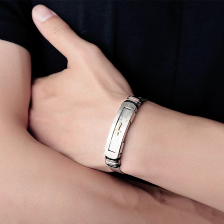 Bratara inox cu placuta argintie si cruce aurie [3]