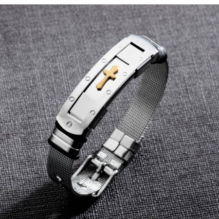 Bratara inox cu placuta argintie si cruce aurie [2]