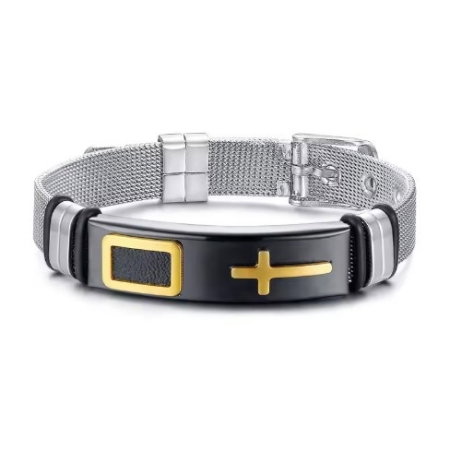 Bratara inox cu placuta neagra si cruce aurie [2]